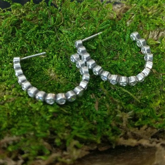 STERLING SILVER Cubic Zirconia Semi Hoop Earrings - Picture 2 of 8